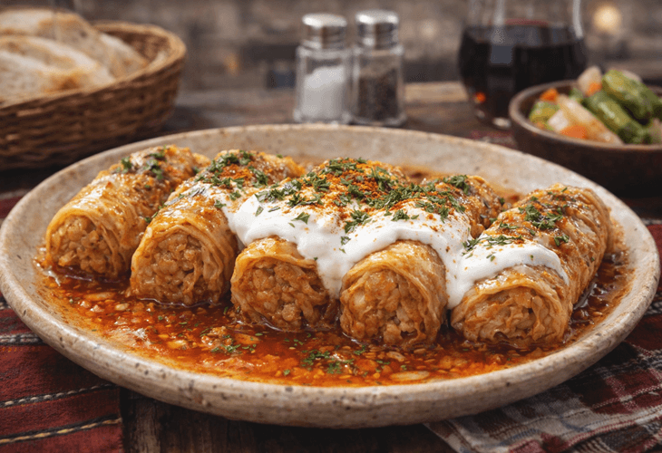 Sofya’da servis edilen geleneksel Bulgar yemeği sarmi (Bulgar sarması)